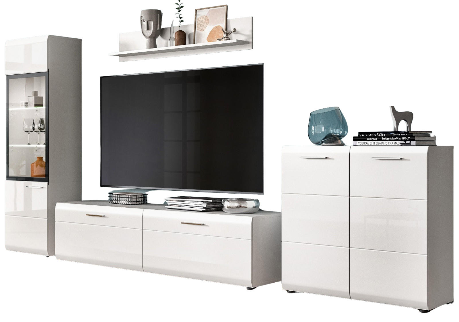 WOHNWAND weiß Hochglanz 4-teilig 315 cm, Schrankwand mit viel Stauraum - Weiß Hochglanz/Silberfarben, Glas/Holzwerkstoff (315/160/41cm) - Inn.Furn