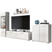 WOHNWAND weiß Hochglanz 4-teilig 315 cm, Schrankwand mit viel Stauraum - Weiß Hochglanz/Silberfarben, Glas/Holzwerkstoff (315/160/41cm) - Inn.Furn
