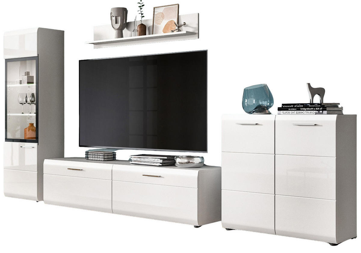 WOHNWAND weiß Hochglanz 4-teilig 315 cm, Schrankwand mit viel Stauraum - Weiß Hochglanz/Silberfarben, Glas/Holzwerkstoff (315/160/41cm) - Inn.Furn