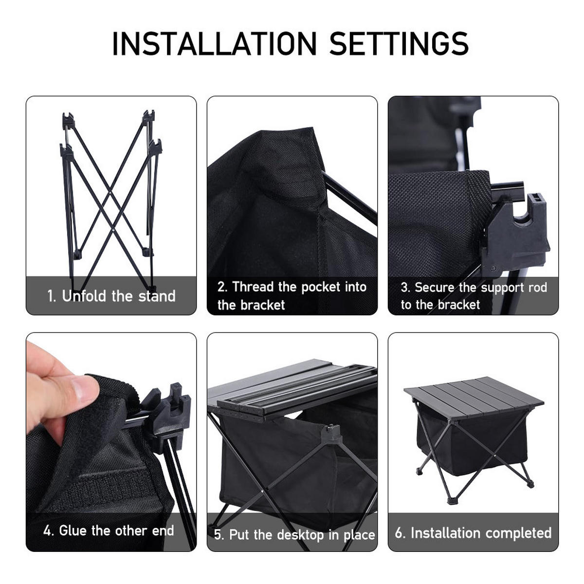CAMPINGTISCH mit Rollplatte und Aufbewahrungskorb aus Aluminium Oxford-Gewebe Tragbar Kompaktes Faltmaß 39 x 33 x 31cm 1,02 kg - Schwarz, Metall (33/39/31cm) - Livingandhome