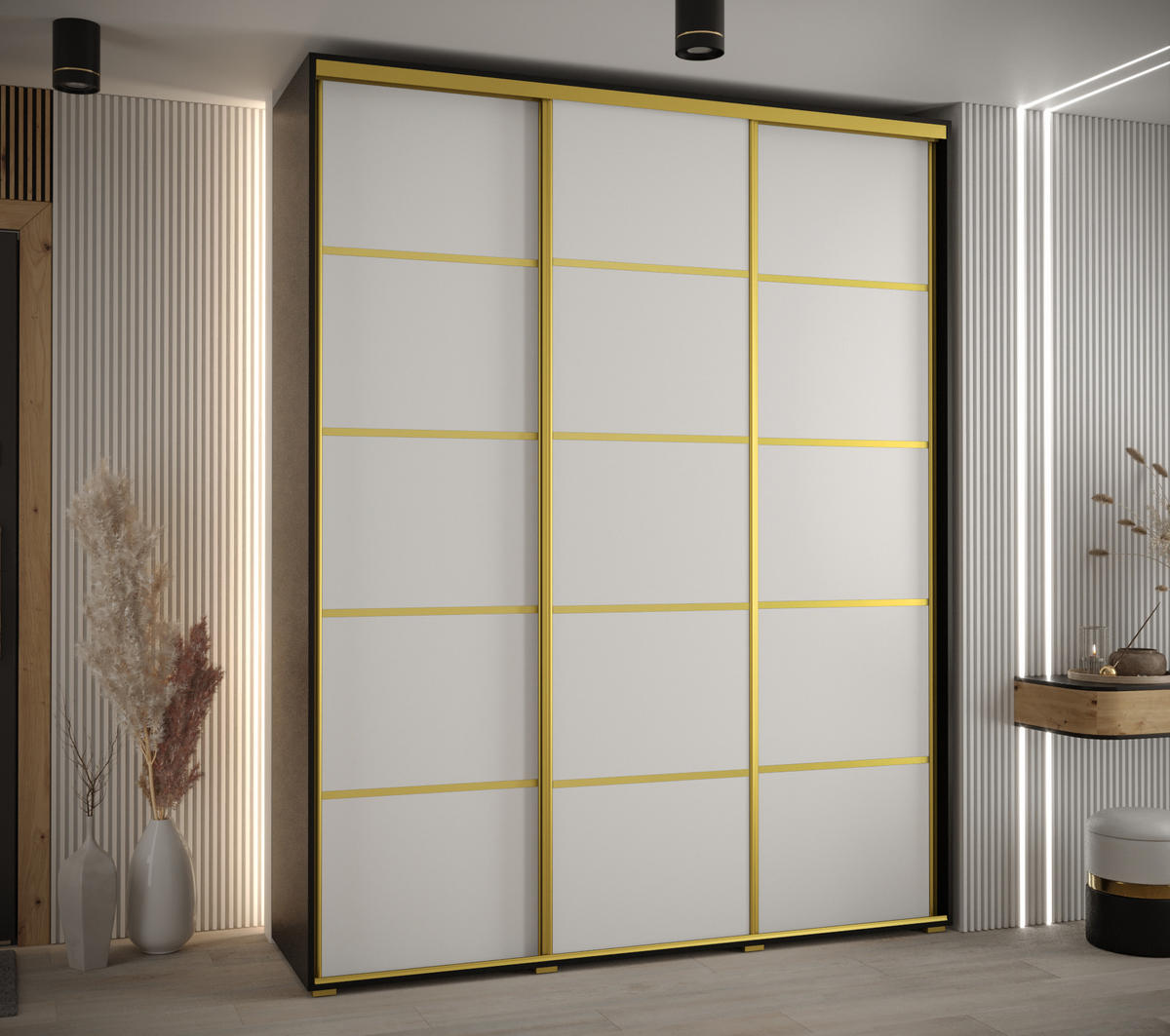 SCHWEBETÜRENSCHRANK 235,2/200/60 3-türig - Goldfarben/Schwarz, Holz/Metall (200/235/60cm) - Abiks Möbel