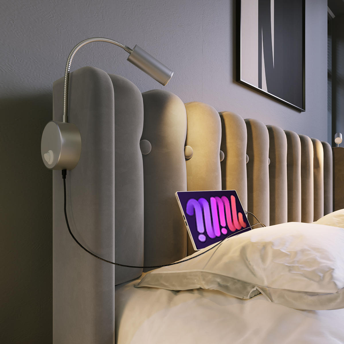 POLSTERBETT 90/200 cm grau mit Leselampe und Ladefunktion - Grau, Textil (90/200cm) - OKWISH