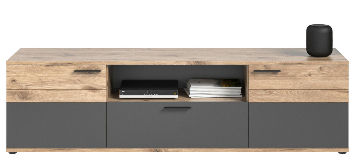 TV-LOWBOARD Eiche, grau 194 cm, XL Flat TV Unterschrank mit Soft-Close - Eichefarben/Schwarz, Holzwerkstoff/Kunststoff (194/53/47cm) - Inn.Furn