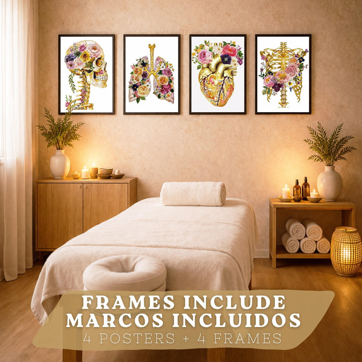 POSTER Set aus 4 Anatomie Mensch Drucke und Wandbilder mit Schädel Skelett Herz und Goldene Lungen Wanddekoration Größe Schwarzer Rahmen A4 - Schwarz, Papier (21/29.7/3cm) - Nacnic
