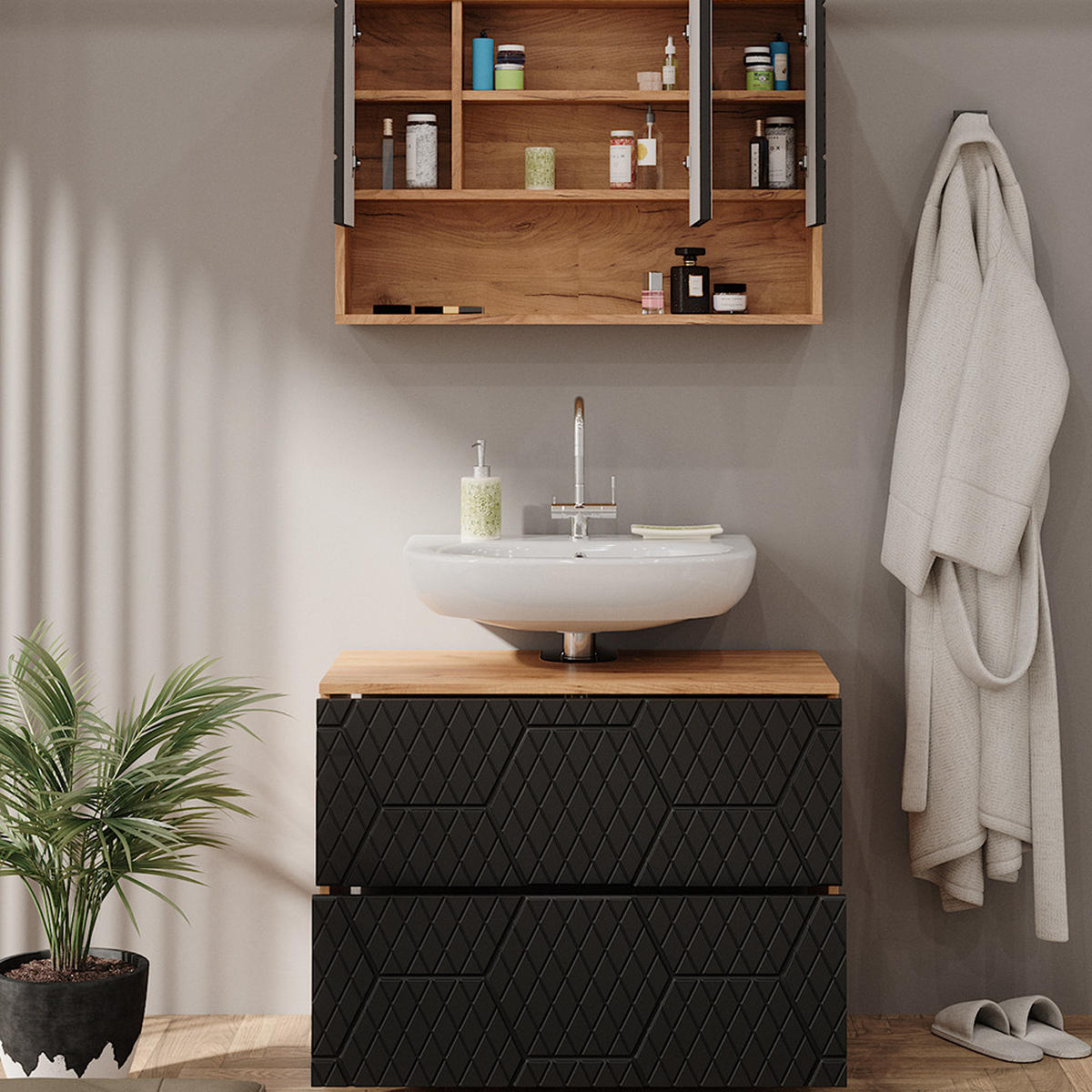 BADMÖBEL-SET Irma Anthrazit gestreift 2 Teile, Unterschrank 80 cm - Honigeiche/Anthrazit, Holzwerkstoff (80/58.6/41cm) - Vicco