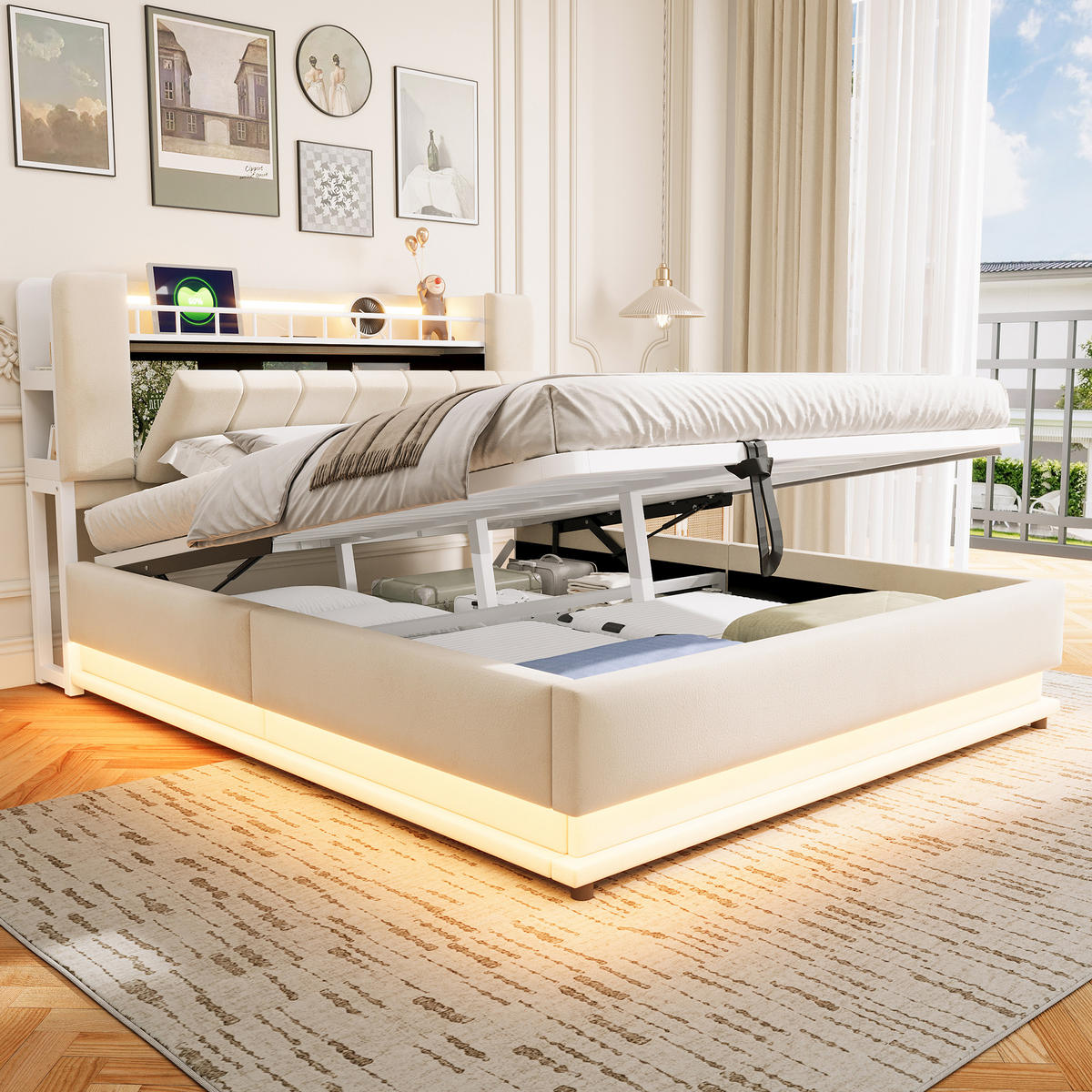 STAURAUMBETT 160/200 cm mit LED und Stauraum, DE-02116, in Beige - Beige, Metall (160/200cm) - ComfortXL