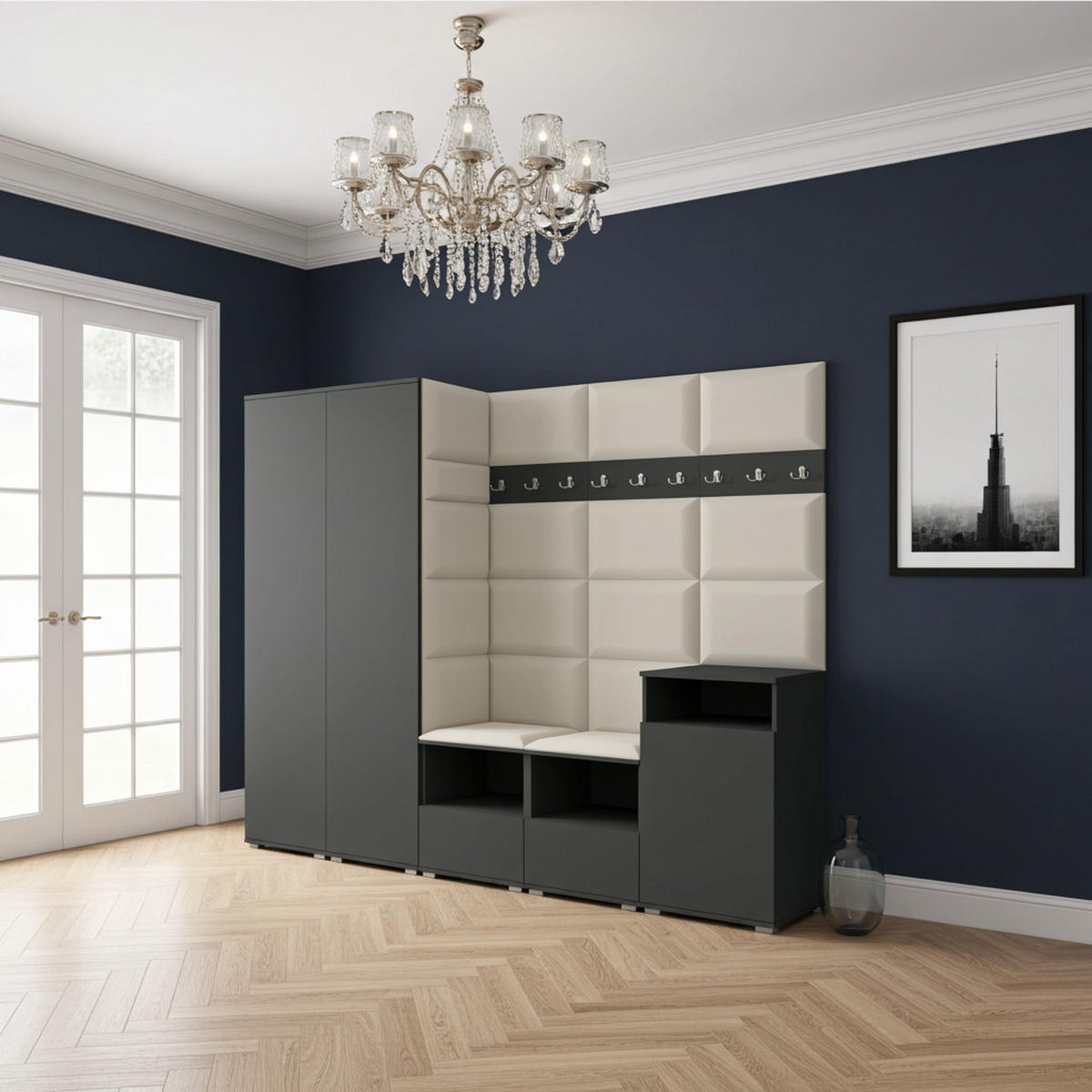 GARDEROBE NELA VIII 250 cm (Modulare Flurmöbel Graphit mit Sitzpolster Creme 01 2 Schränke + Sideboard) - Silberfarben/Creme, Holz/Holzwerkstoff (250/187/40cm) - Ravio