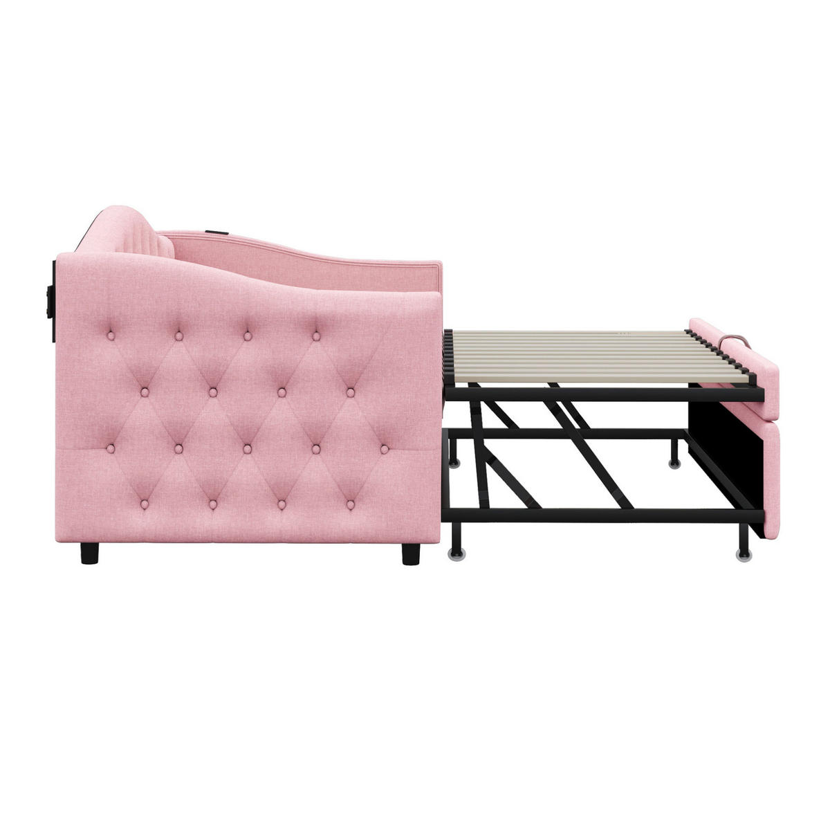 ČALÚNENÁ posteľ z ľanovej látky 90x200 cm ružová s USB portom a lamelovým roštom - pink, textil (90/200cm) - Modfu