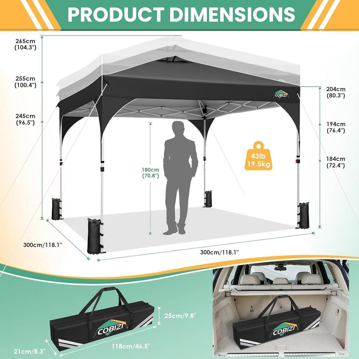 FALTPAVILLON 3x3m Wasserdicht mit 3 Seitenteilen Schwarz - Schwarz, Textil (300/300/265cm)