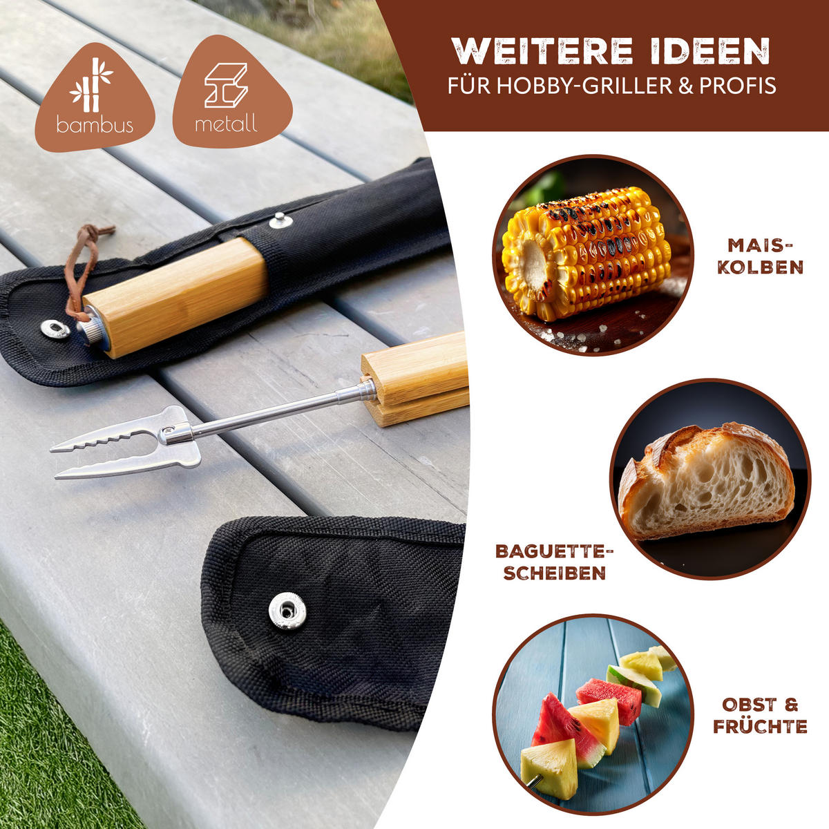 TELESKOP-GRILLGABEL 4er-Set, Edelstahl - Edelstahlfarben, Metall (8cm) - bremermann