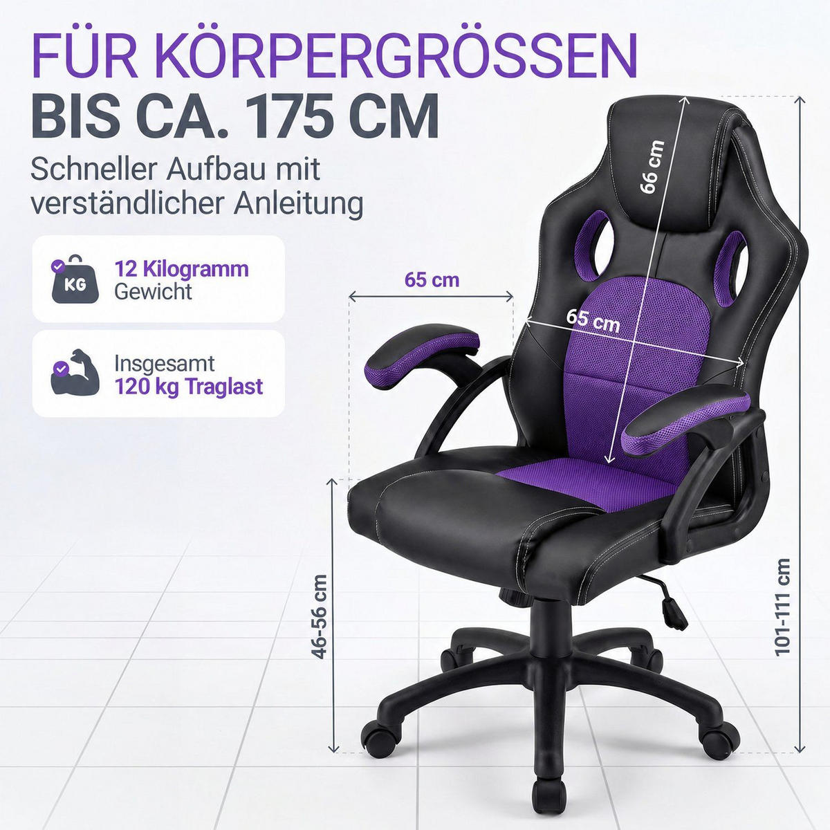 SCHREIBTISCHSTUHL Montreal Violett - Violett, Textil (47/111/52cm) - Juskys