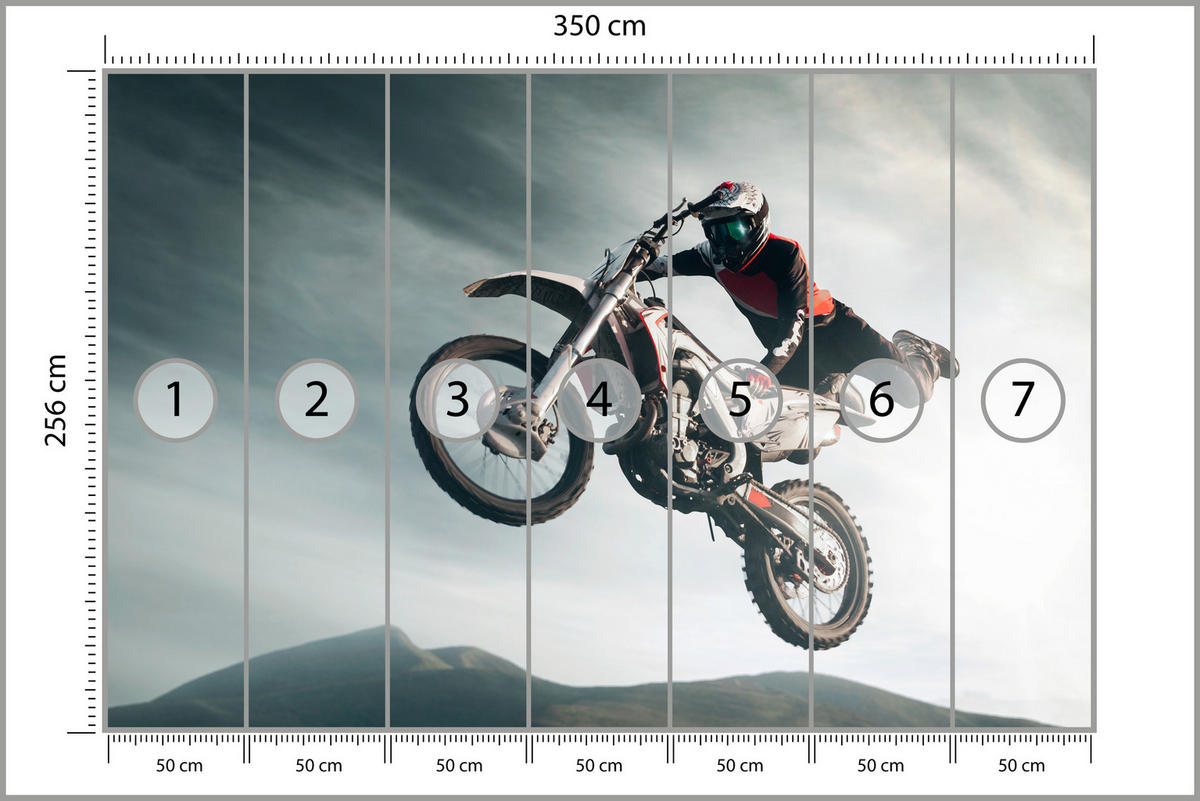 FOTOTAPETE für Jugendzimmer Motocross Sprung Mann Sport Berge Action 350x256 - Grau, Papier (350/256cm) - Muralo