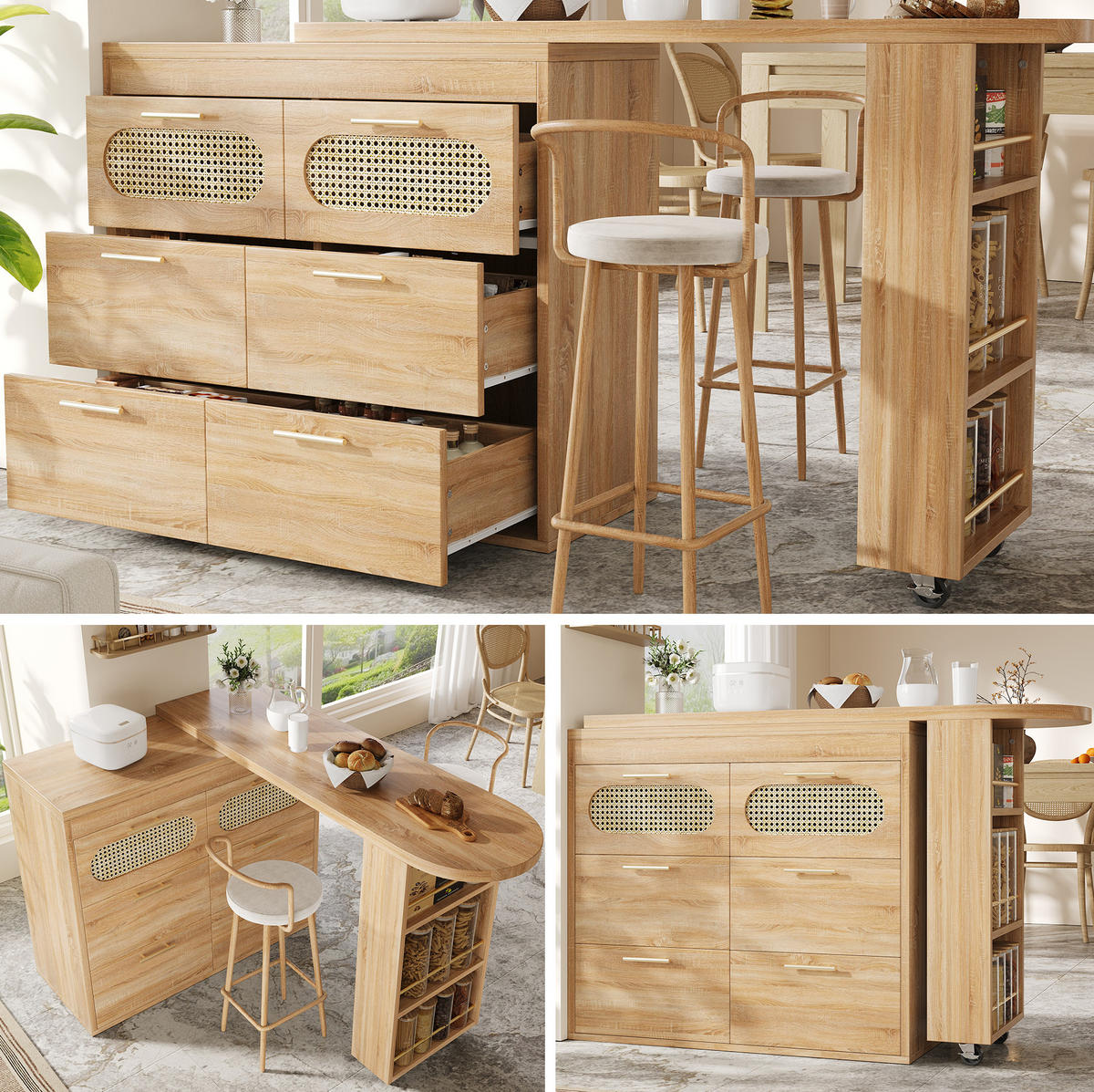 BARTISCH drehbar 128-203 cm Natural MDF/Metall mit 6 Schubladen - Braun, Metall (203/39/90cm) - Meubliv
