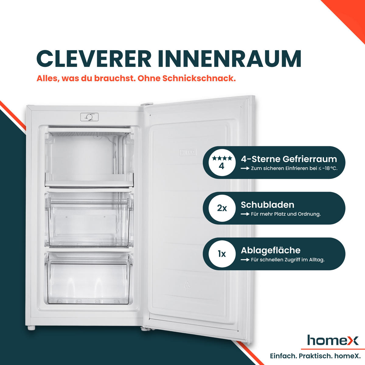 GEFRIERSCHRANK klein - 60L Nutzinhalt, 4-Sterne Gefrieren, kompakt, freistehend, weiß - Weiß, Kunststoff/Metall (47.5/85/45cm) - homeX