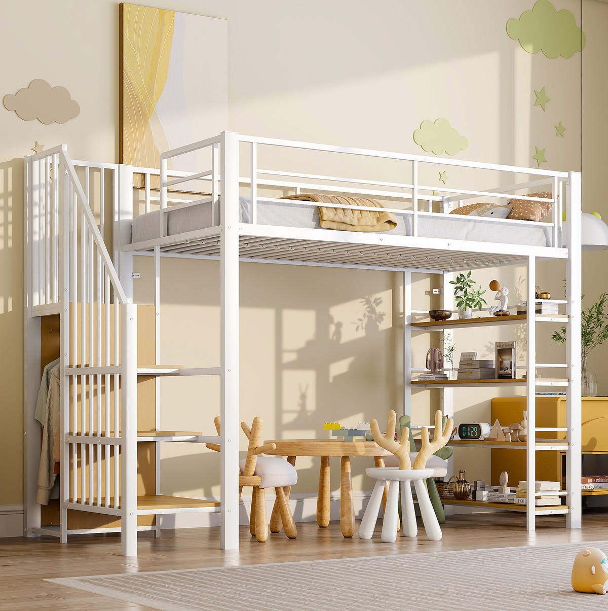 HOCHBETT 90/200 cm aus Metall mit Treppe, Stauraum, Kleiderschrank, Weiß - Weiß, Metall (90/200cm) - OKMYHOME