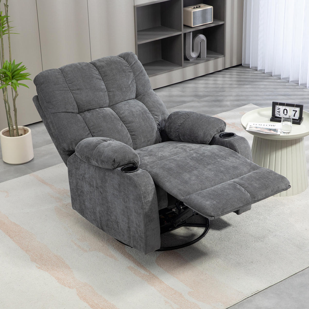 RELAXSESSEL Drehbar Fernsehsessel mit Liegefunktion, Schaukelfunktion Dunkelgrau - Dunkelgrau/Schwarz, Textil/Metall (96/108/88cm) - HOMCOM