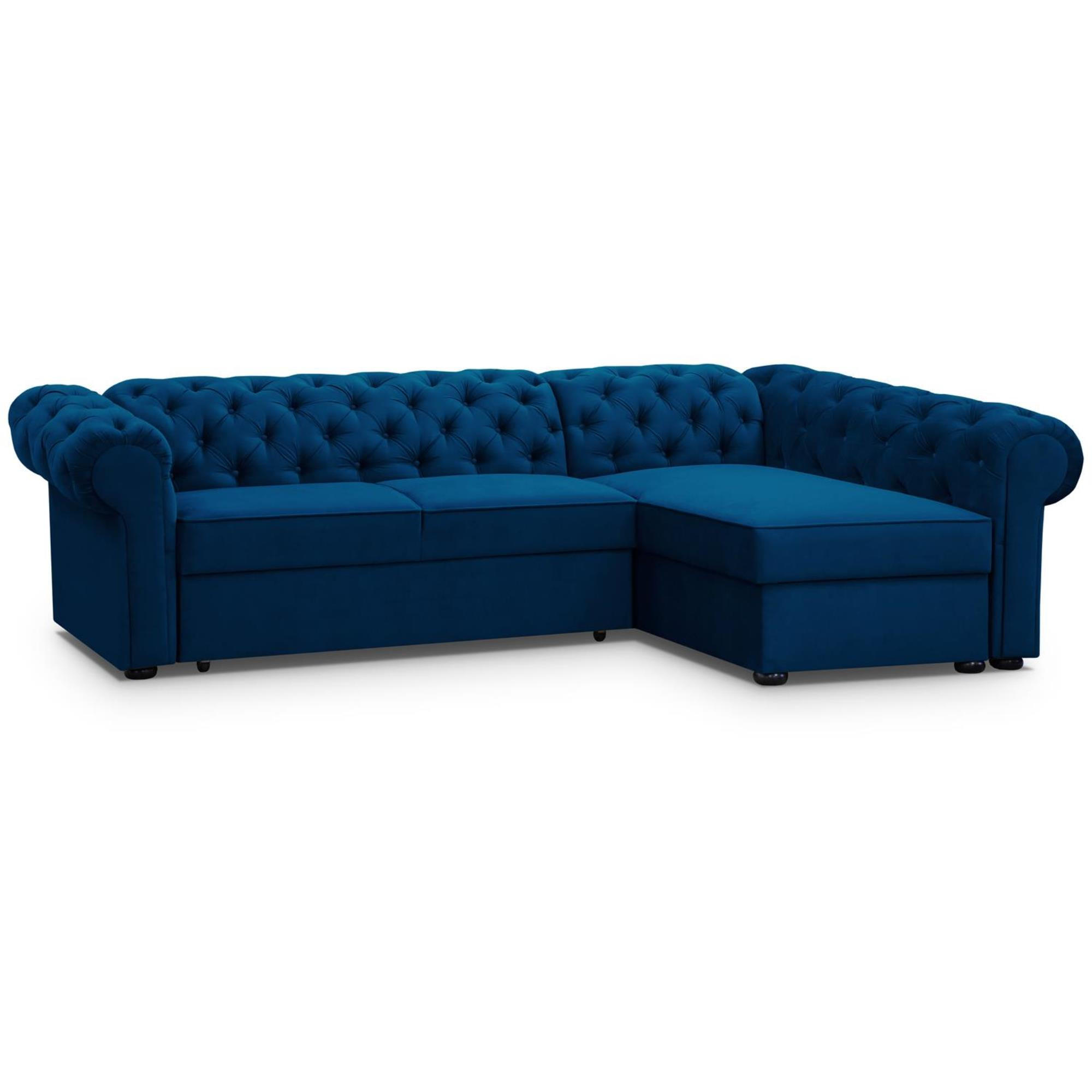 ECKSCHLAFSOFA Chester im Chesterfield-Stil, Dunkelblau, rechts - Schwarz/Dunkelblau, Textil (278/173cm) - Beautysofa