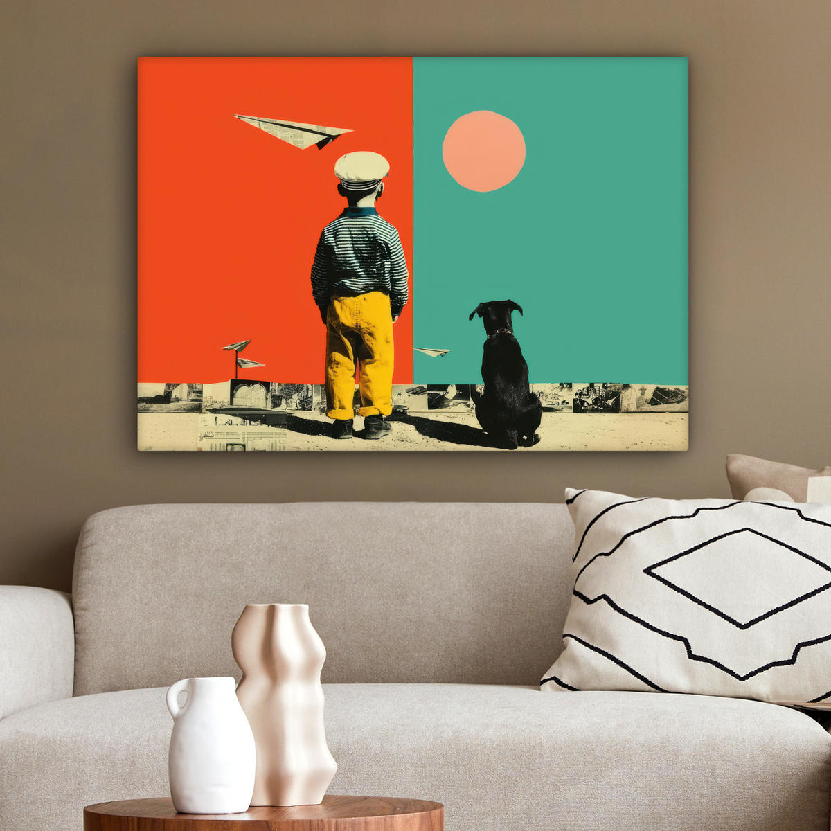 LEINWANDBILD Retro - Junge - Hund - Rot - Grün Wandbilder 80x60 cm - Orange, Textil (80/60cm) - MuchoWow