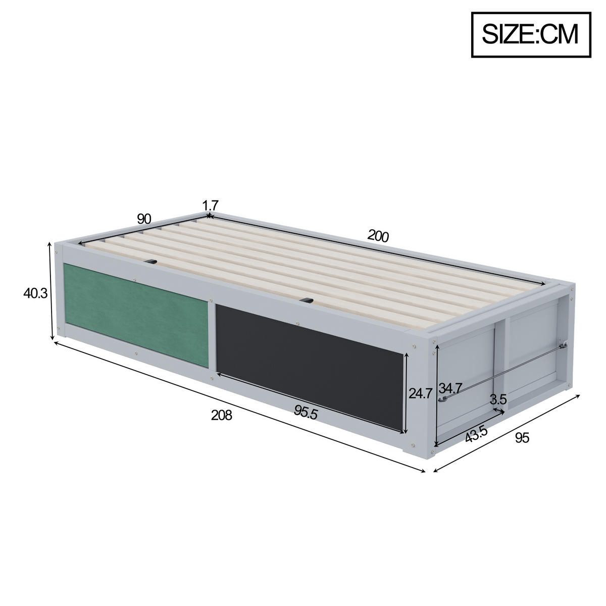 KINDERBETT 90/200 cm Grau mit hydraulischer Aufbewahrung und Kreidetafel - Grau, Holzwerkstoff (90/200cm) - OKWISH