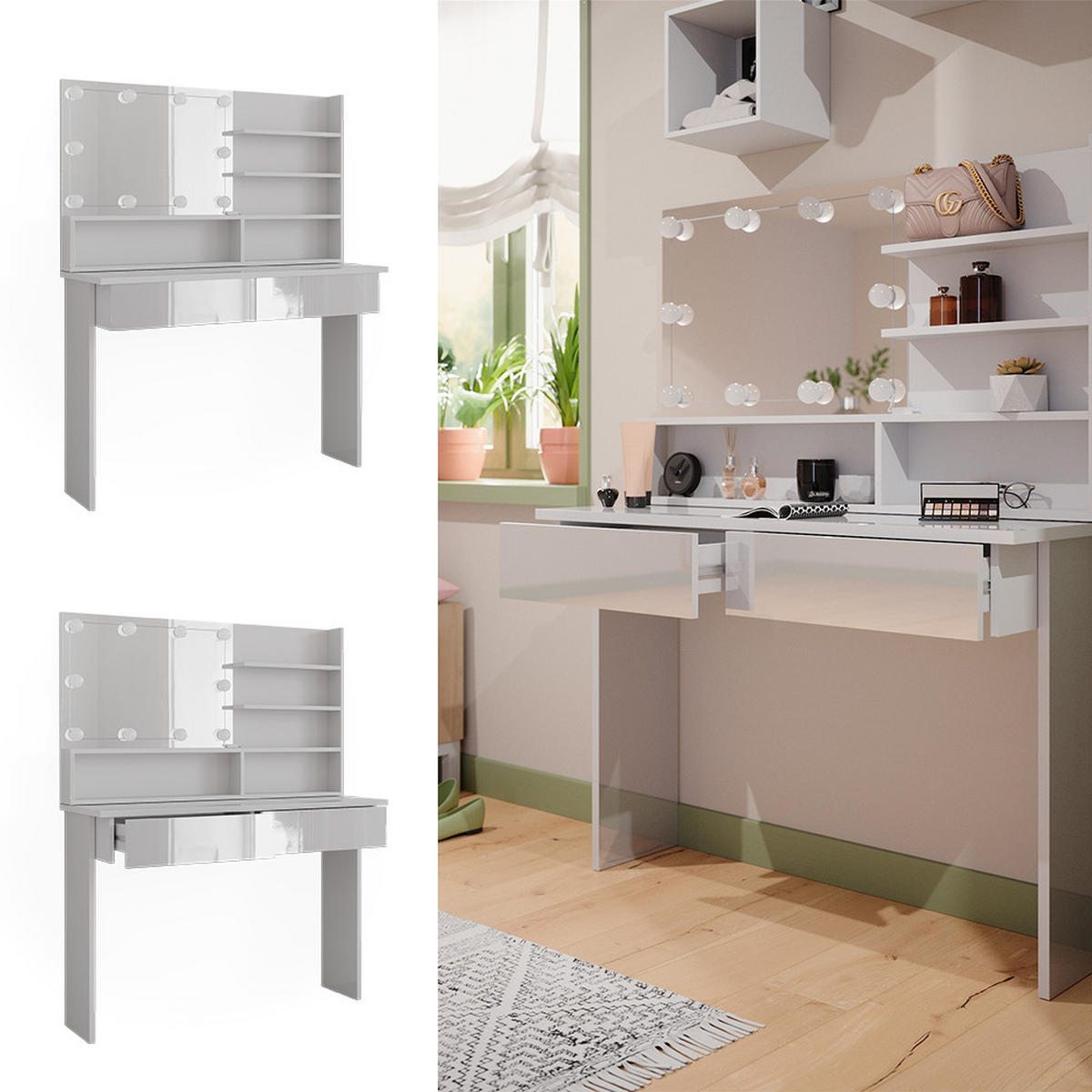 SCHMINKTISCH Azur Weiß 120 cm mit LED Beleuchtung - Weiß Hochglanz/Weiß, Holzwerkstoff (120/83.5/40cm) - Vicco