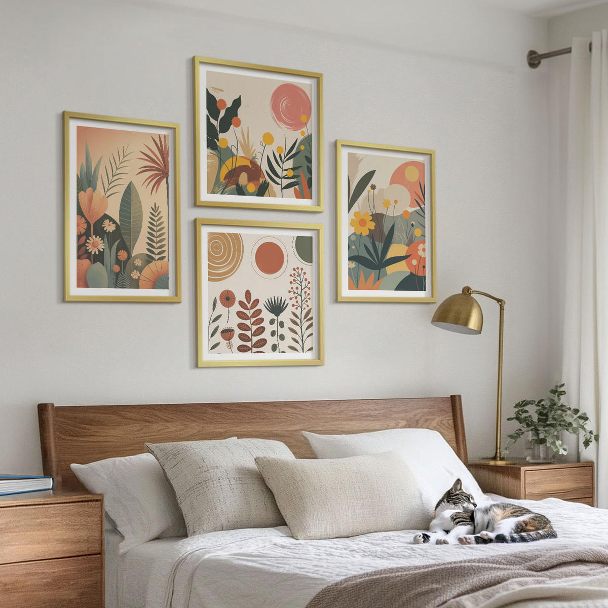 WANDBILDER 4er Set - 50x50 cm & 40x60 cm Goldrahmen - Boho-Pflanzenmuster - Goldfarben, Kunststoff (50/50cm) - ArtPrintCave