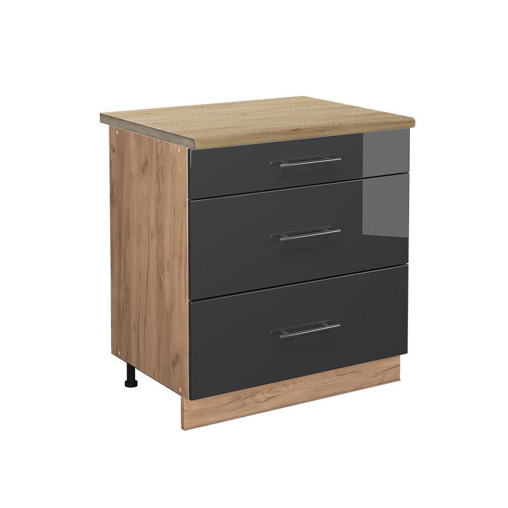 KÜCHENUNTERSCHRANK Fame-Line Anthrazit Hochglanz 80 cm mit 3 Schubladen AP Eiche - Honigeiche/Schwarz Hochglanz, Holzwerkstoff (80/82/60cm) - Vicco