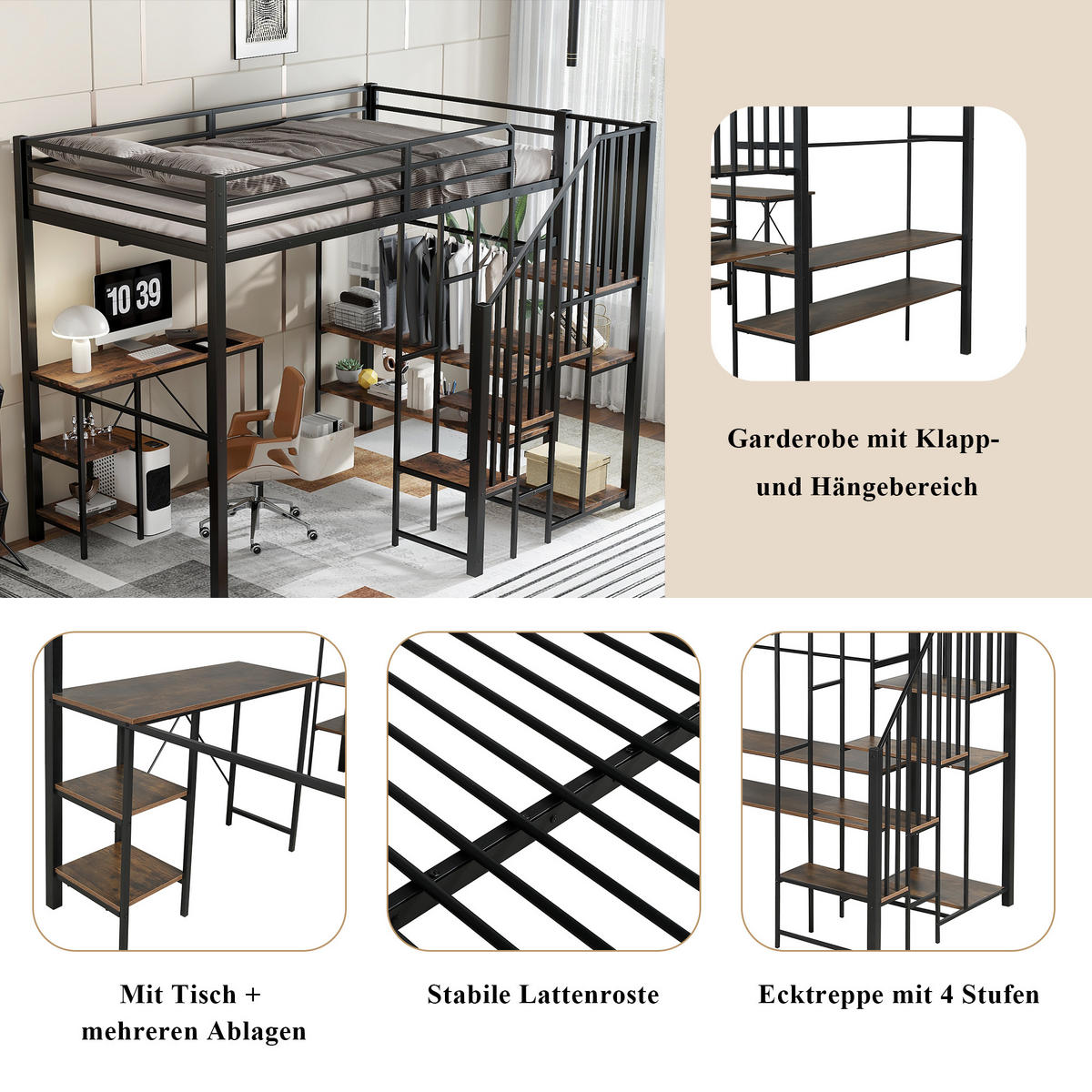 ETAGENBETT 120/200 cm Schwarz mit Eckleiterschrank und Tisch aus Eisen und MDF - Schwarz, Holzwerkstoff (120/200cm) - OKWISH
