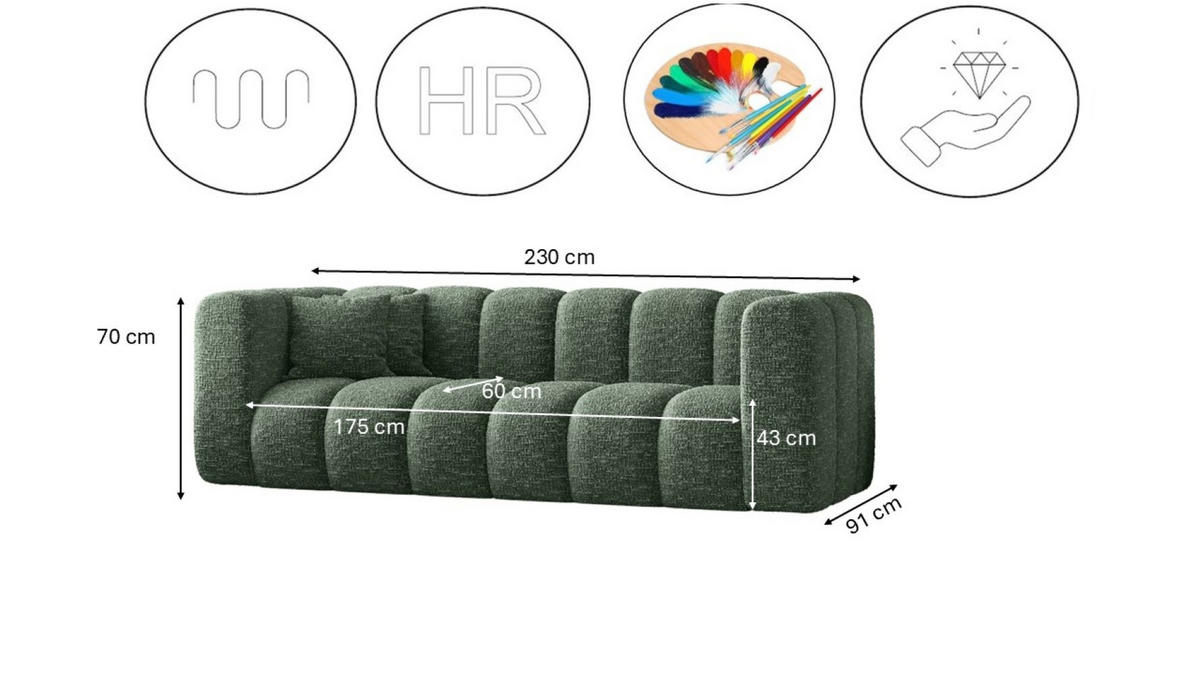COUCH Dreisitzer-Sofa Grand Modular Stoff Haga Grün - Grün, Holz (230/70/91cm) - Kaiser Möbel