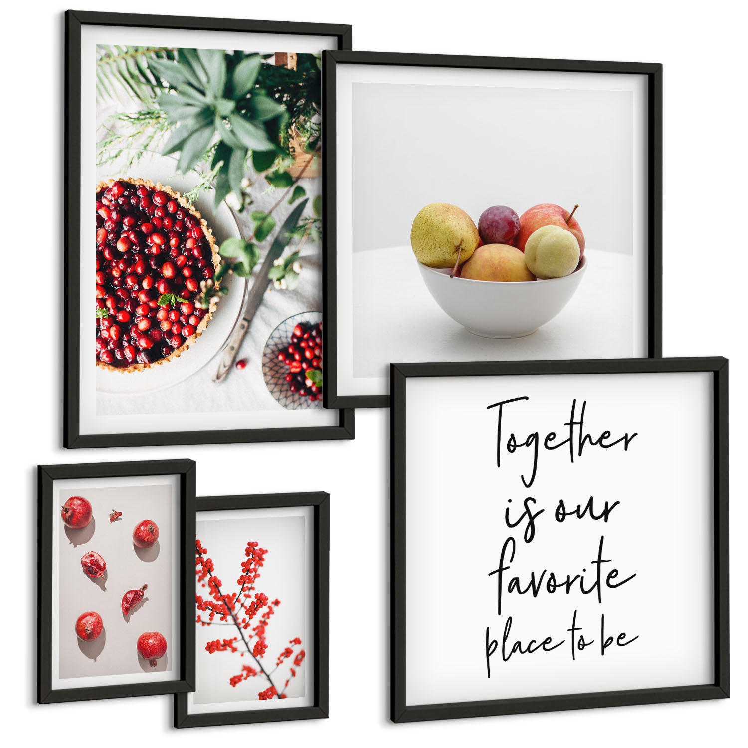 BILDER SET 5er Set - 50x50 cm & 20x30 cm & 40x60 cm Schwarzer Rahmen - Minimalismus der roten Früchte von Pflanzen - Schwarz, Kunststoff (40/60cm) - TULUP