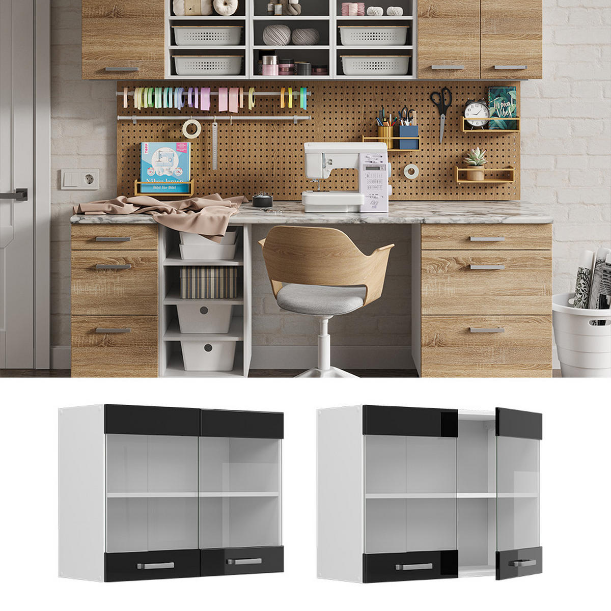 UNIVERZÁLNÍ NÁSTĚNNÁ SKŘÍŇKA R-Line Černý vysoký lesk - bílá/vysoce lesklá černá, kompozitní dřevo (80/60/31cm) - Vicco