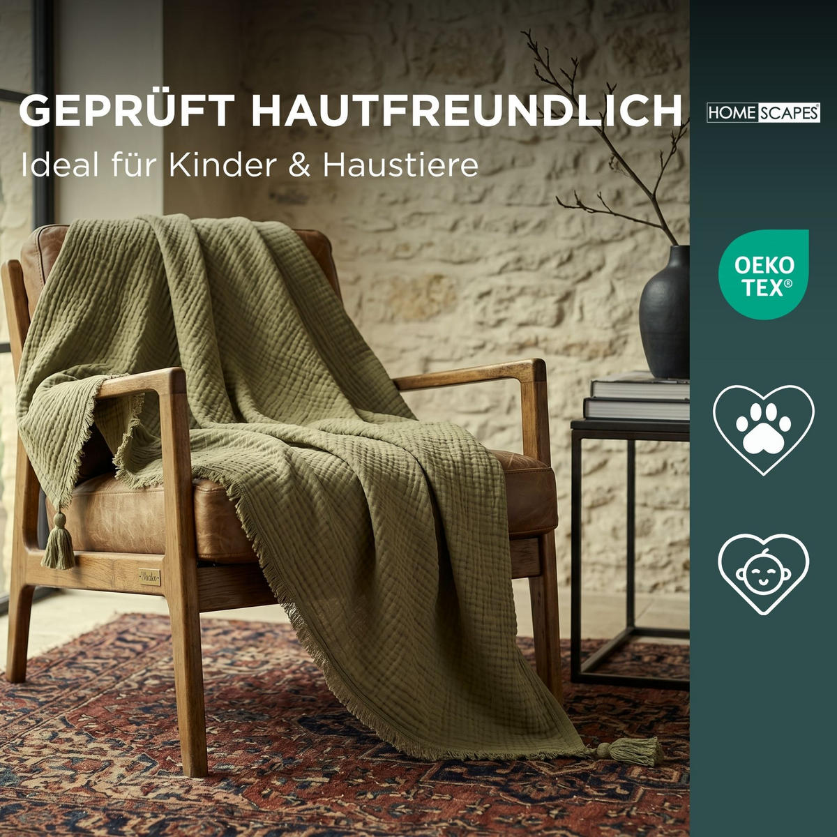 WOHNDECKE Musselin salbei mit Quasten - Salbeigrün, Textil (127/180cm) - Homescapes