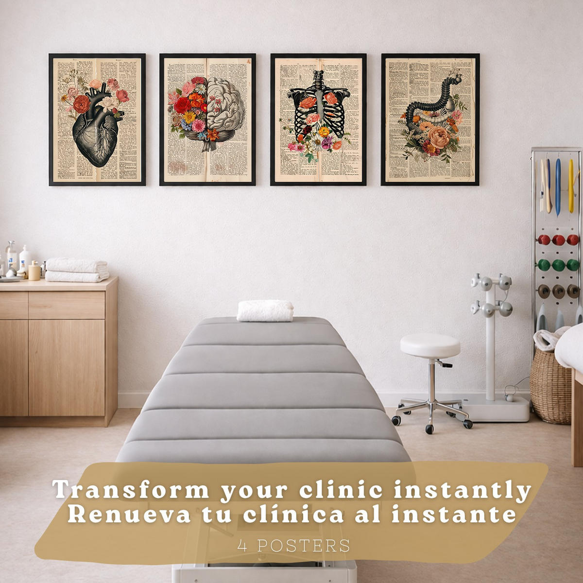 POSTER Set aus 4 Anatomie Drucke und Wandbilder mit Herz Gehirn Skelett und Darm Antiker Hintergrund Wanddekoration Größe Schwarzer Rahmen A4 - Schwarz, Papier (21/29.7/3cm) - Nacnic