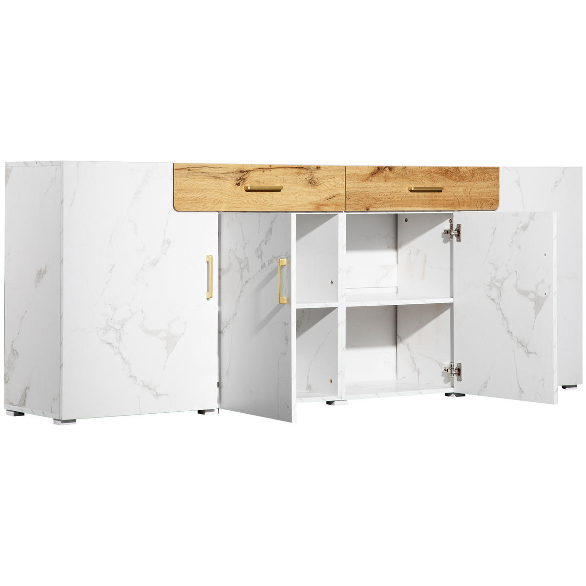 SIDEBOARD Kommode Eichenoptik MDF mit 2 Schubladen 4 Fächern 8 Holzfüße Stauraum Holz Metall - Braun/Weiß, Holz/Holzwerkstoff (208/80/39.5cm) - EVRYAE