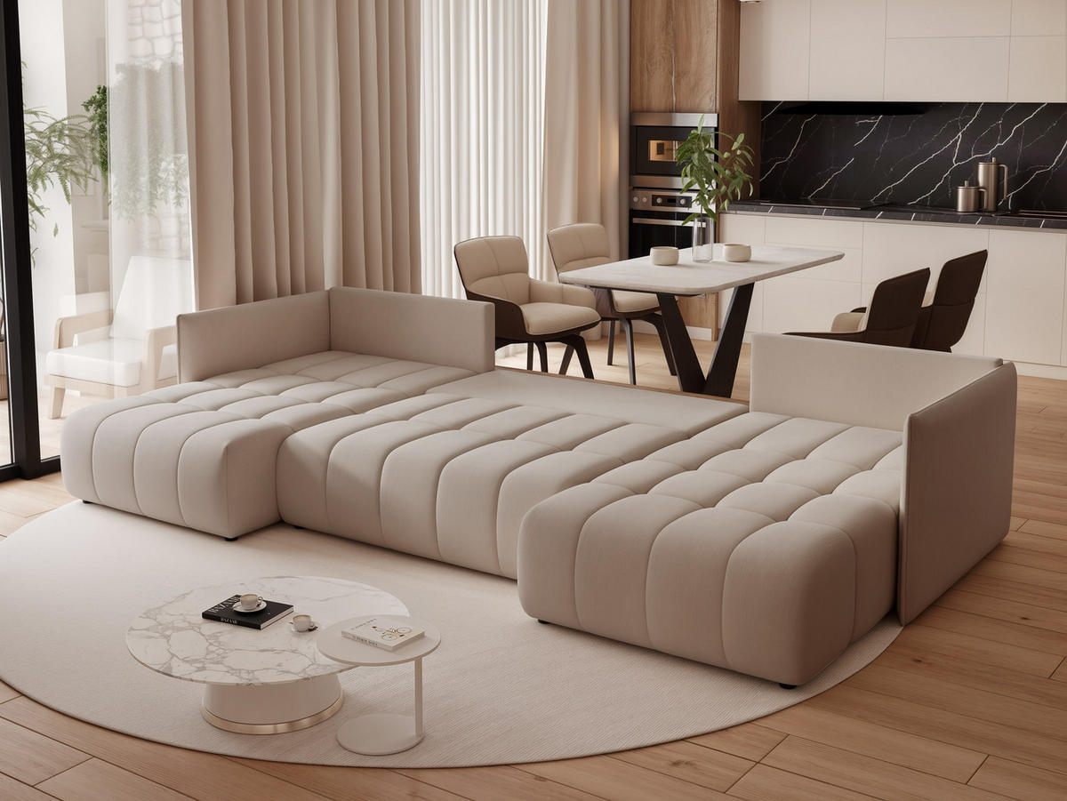 WOHNLANDSCHAFT OLIMPIA mit Schlaffunktion und Bettkasten Grau-Beige - Greige, Holzwerkstoff/Kunststoff (300/85/90cm) - Idohome