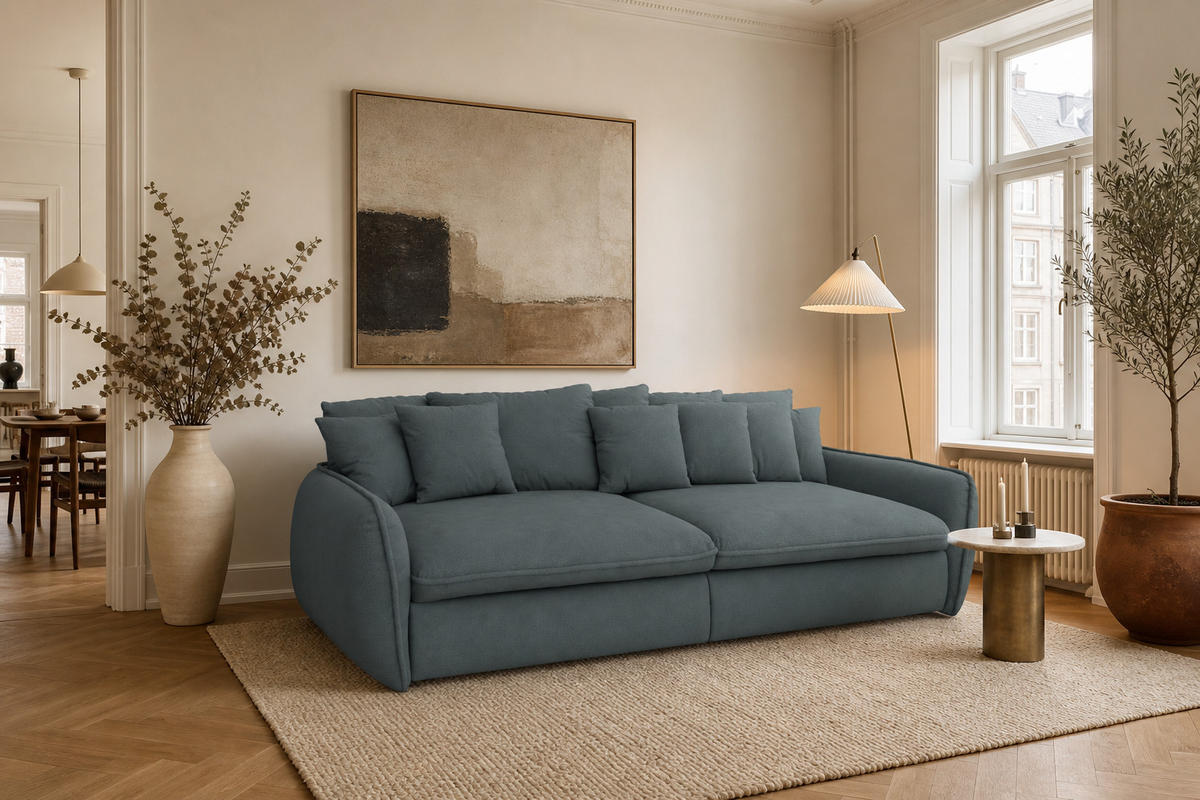 BIGSOFA Hereford Flachgewebe Grau inkl. 11 Kissen 234/131/61 cm - Blaugrau, Kunststoff/Textil (234/61/131cm) - foamnova