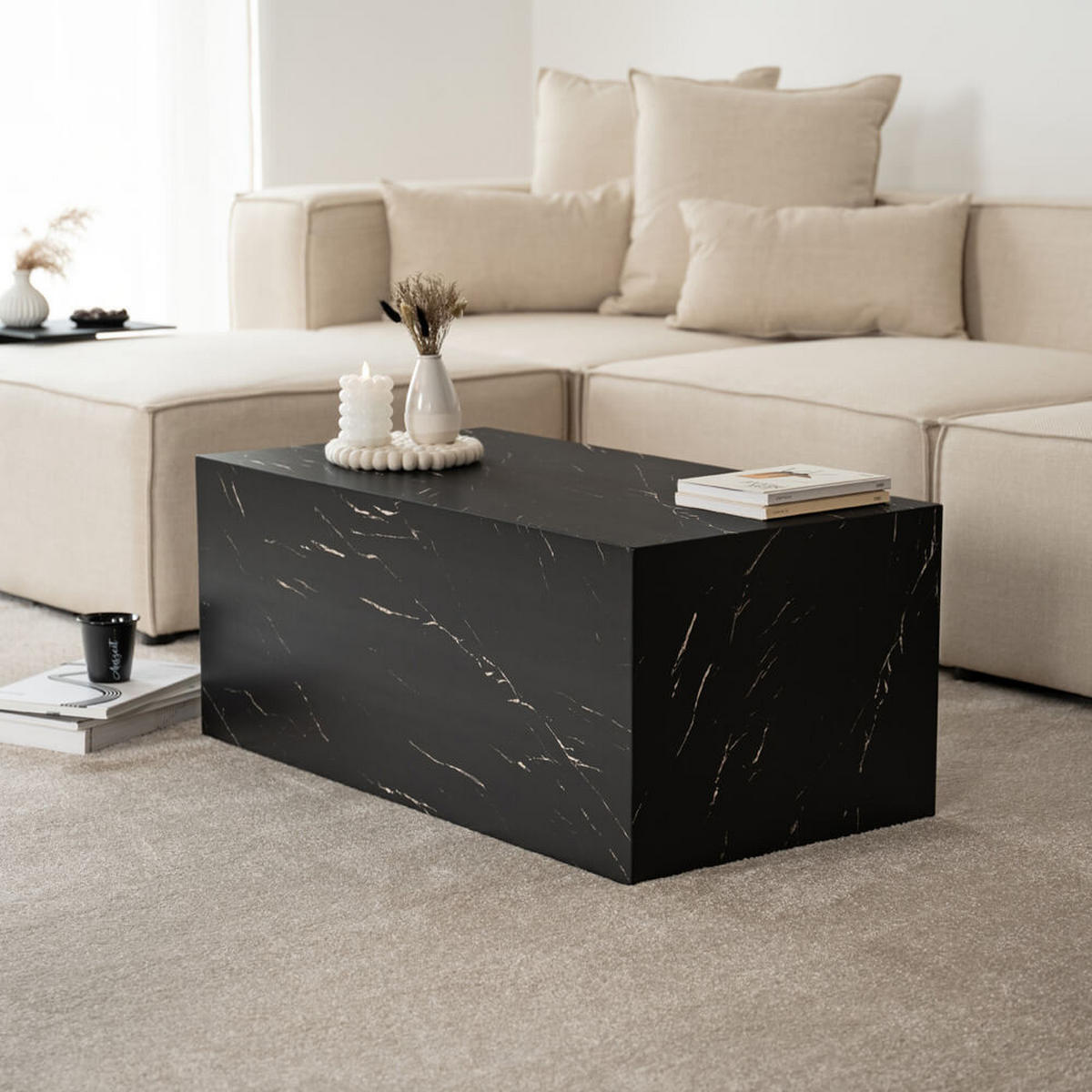 COUCHTISCH Marmor AMIRI L - 95 x 50 cm Schwarz - Schwarz, Holzwerkstoff/Textil (50/95/40cm) - Home Deluxe