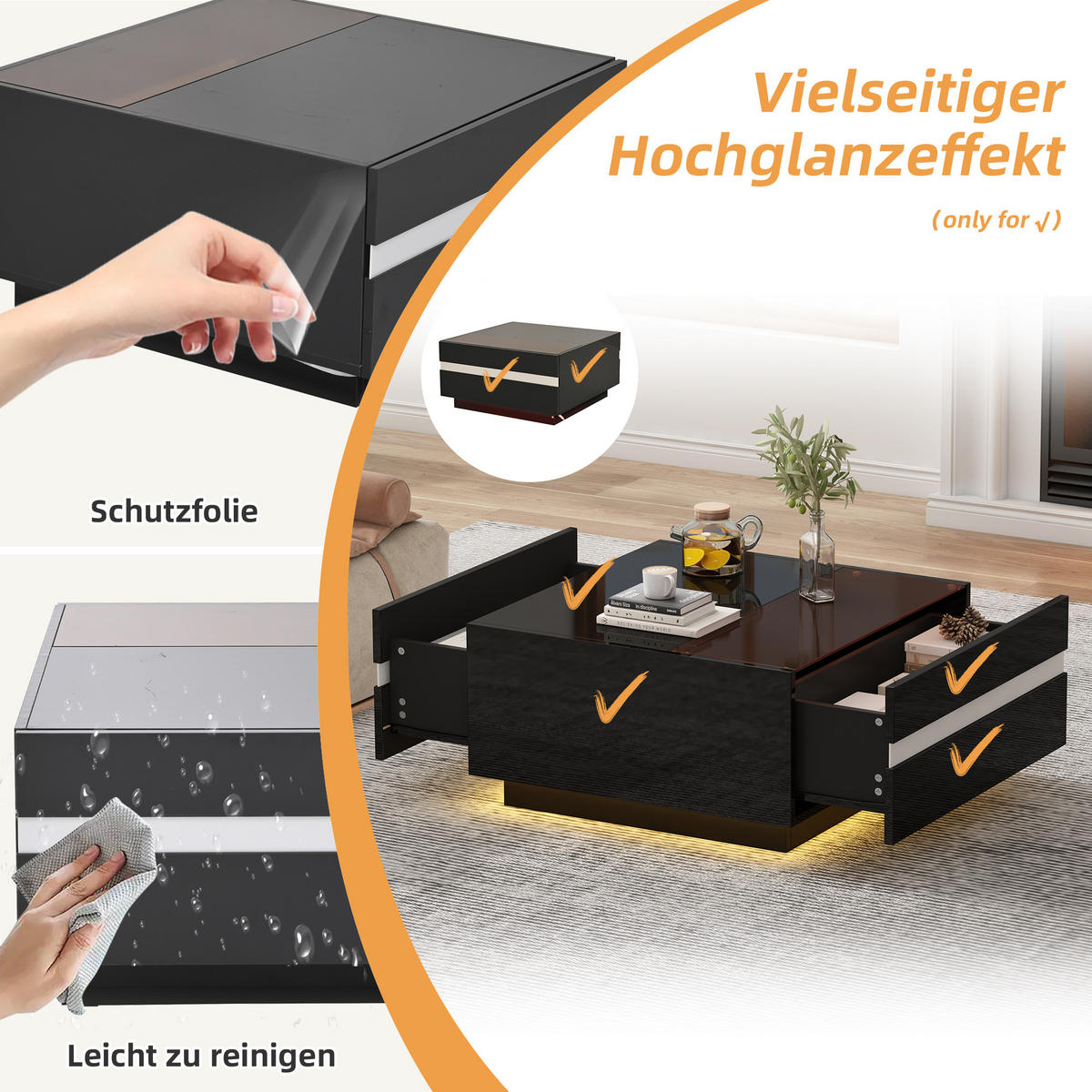 COUCHTISCH 70/70/36 cm schwarz mit 2 Schubladen und LED-Beleuchtung - Schwarz, Holzwerkstoff (70/70/36cm) - OKWISH