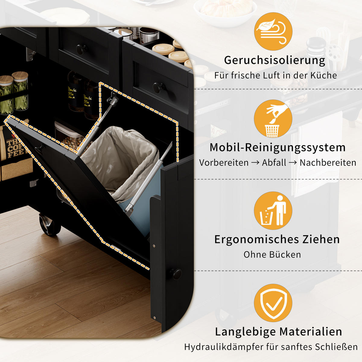 KÜCHENINSEL 112/46,2-76,2/92,7 cm schwarz natur mit ausziehbarer Klappplatte - Schwarz, Holzwerkstoff (112/92.7/76.2cm) - OKWISH