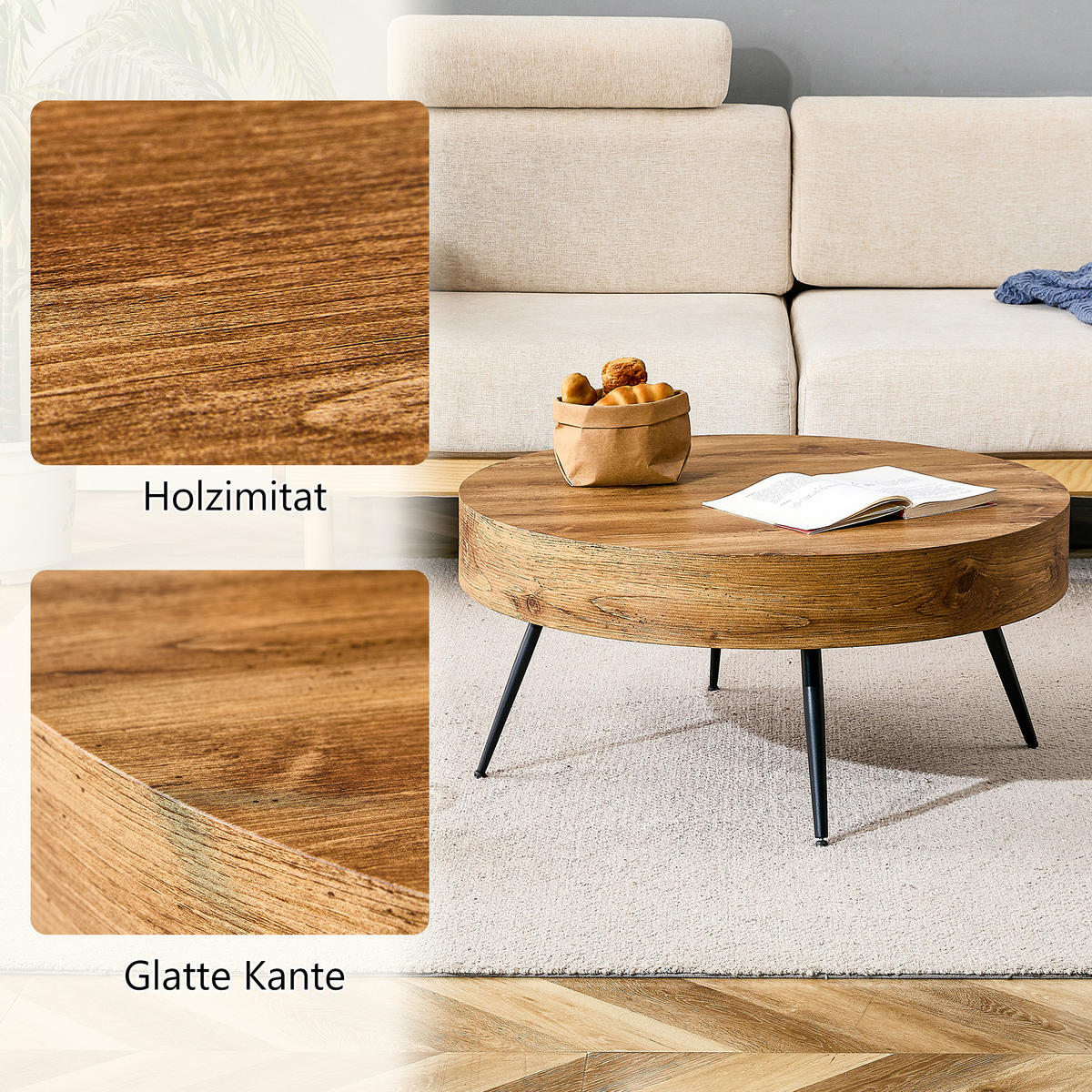 COUCHTISCH in Schwarz und Naturfarbe Wohnzimmertisch mit Holzoptik für Wohnzimmer, B70/T70/H35.5 cm - Schwarz/Naturfarben, Holzwerkstoff/Metall (70/70/35.5cm) - STILVORA