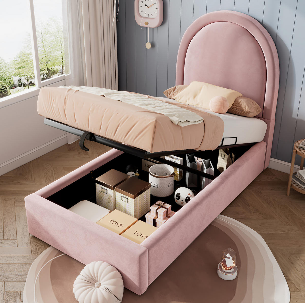 POLSTERBETT 90/200 cm mit Matratze, hydraulischem Bettkasten und Samtbezug mit Halbkreis-Kopfteil, Rosa - Rosa, Textil (90/90cm) - Redom