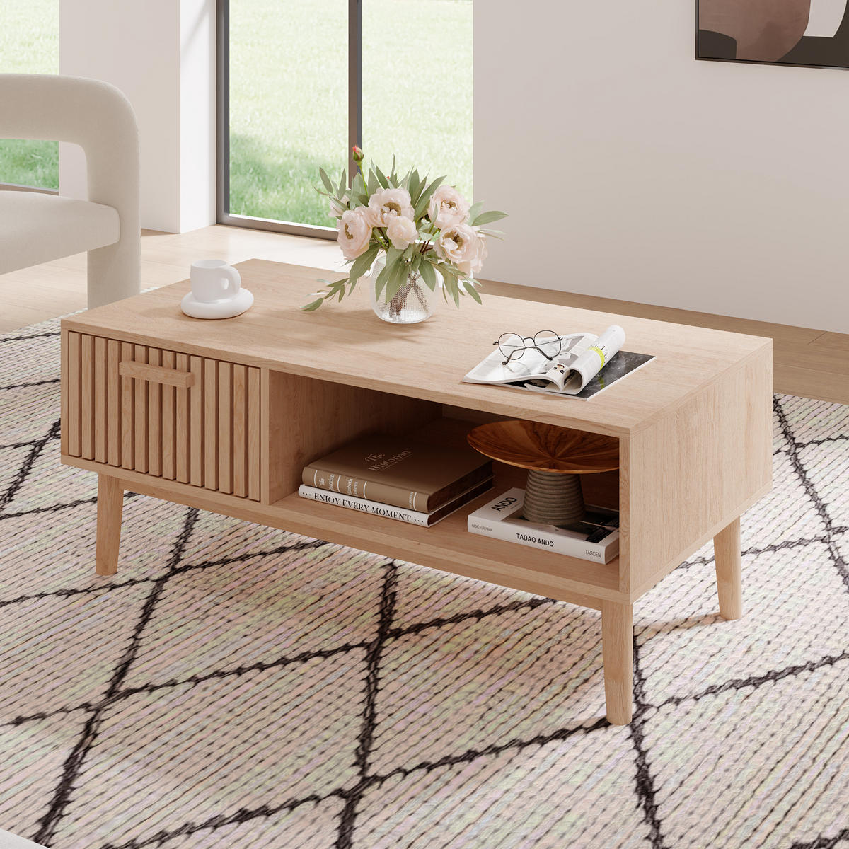 COUCHTISCH HOLZOPTIK Natur, mit Schublade & Fach, 100x50x43cm, Modern - Eichefarben, Holz (100/50/43cm) - CASIVA