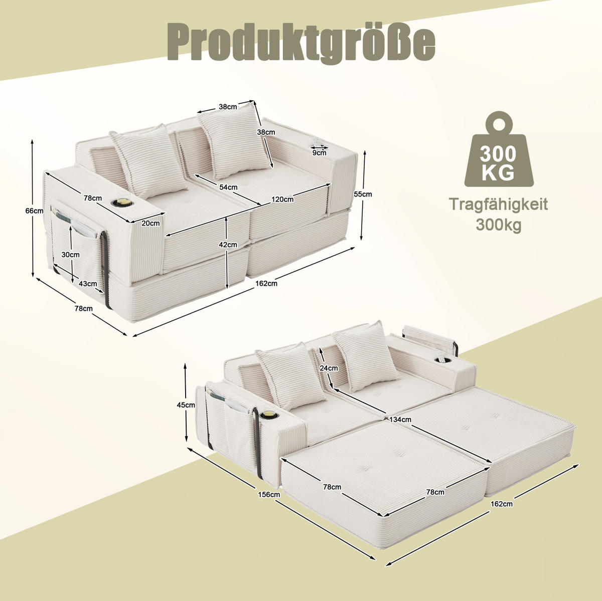 2-SITZER-SOFA 162/78/66 cm mit Seitentaschen, 2 Kissen und modularem Design aus Cord, Beige - Beige, Textil (162/66/78cm) - Redom