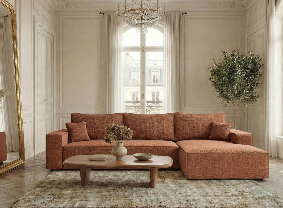 ECKSOFA MIT SCHLAFFUNKTION Modo Beige grau Chenille-Stoff - Rechts Seite - Rostfarben/Schwarz, Holz/Holzwerkstoff (294/185cm) - Maison de Reve
