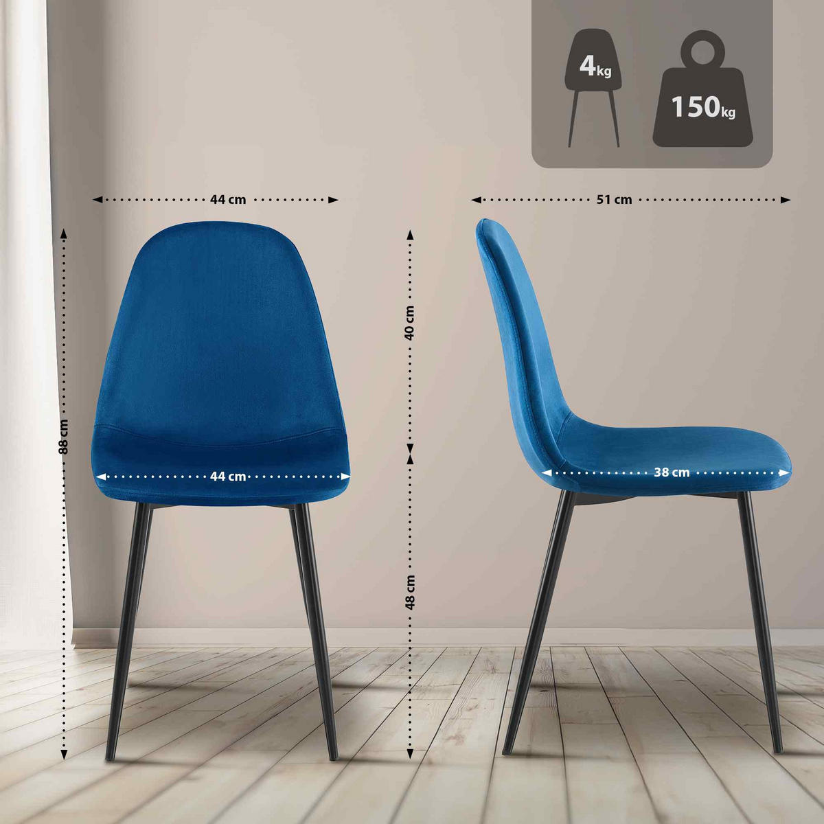 STUHL Samt Blau - Blau/Schwarz, Textil/Metall (44/88/51cm) - CLP