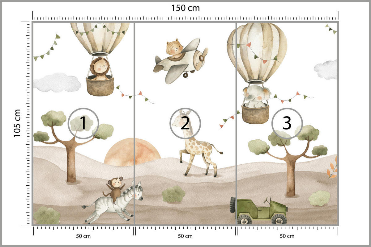 FOTOTAPETE für Kinderzimmer Tiere Ballons Flugzeuge Safari Bäume Hügel 150x105 - Beige/Braun, Papier (150/105cm) - Muralo