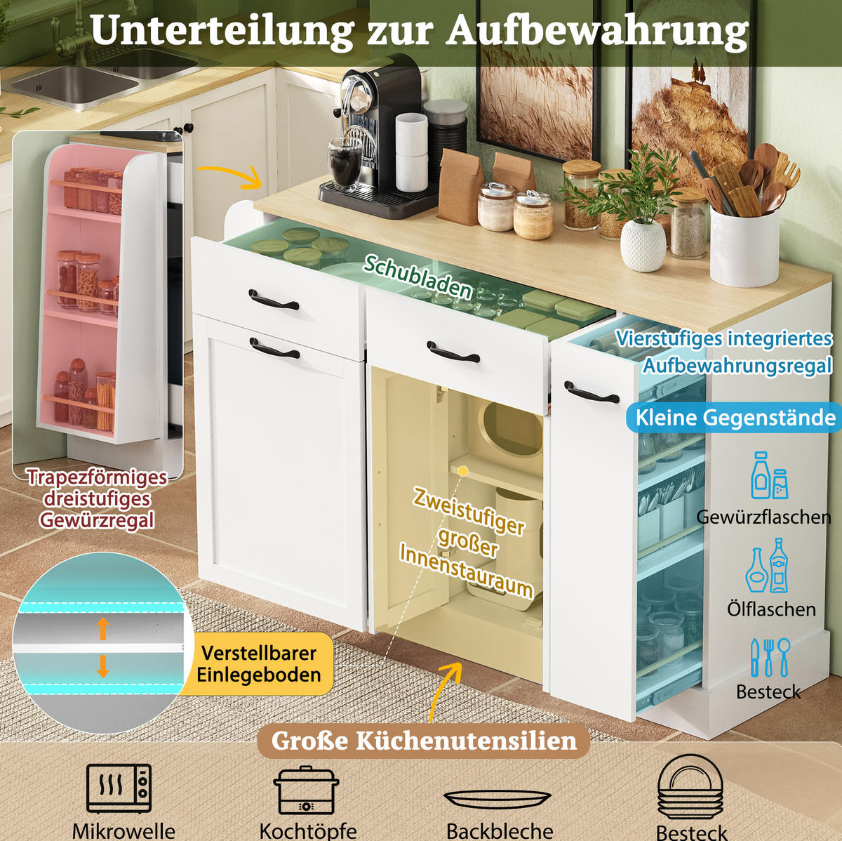 SIDEBOARD mit Mülleimerfach 133,5 x 40 x 86 cm Weiß Holzoptik - Weiß, Holzwerkstoff (133.5/86/40cm) - Meubliv