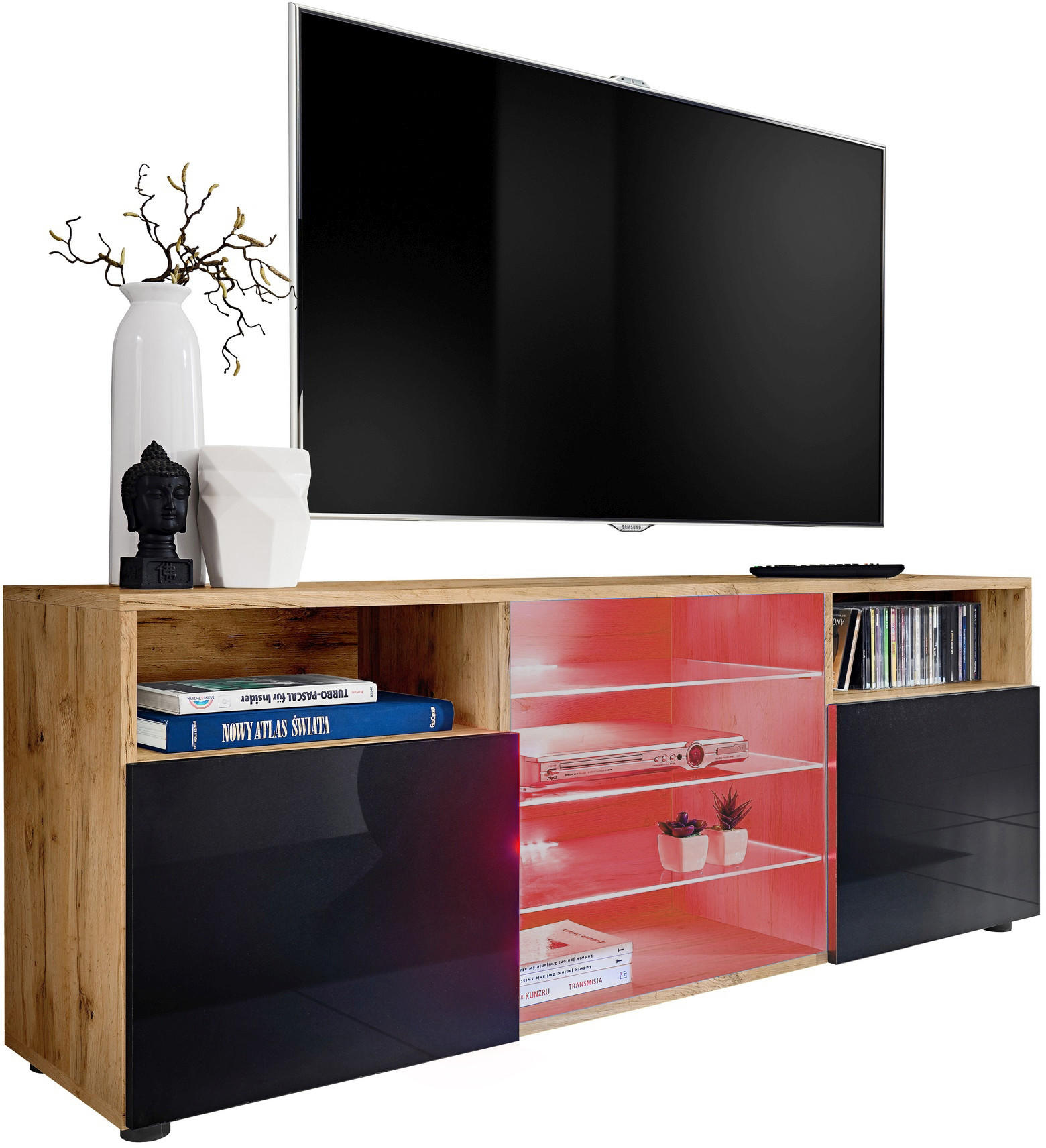 SIDEBOARD TV URBINO Eiche Wotan, LED Beleuchtung Mehrfarbige - Eiche Wotan/Schwarz, Glas/Holzwerkstoff (140/53/35cm) - Komodee