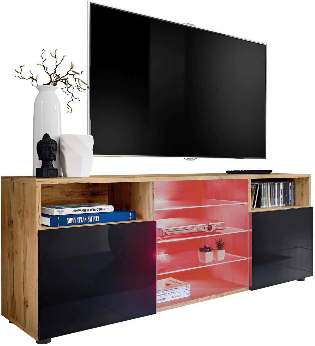 SIDEBOARD TV URBINO Eiche Wotan, LED Beleuchtung Mehrfarbige - Eiche Wotan/Schwarz, Glas/Holzwerkstoff (140/53/35cm) - Komodee