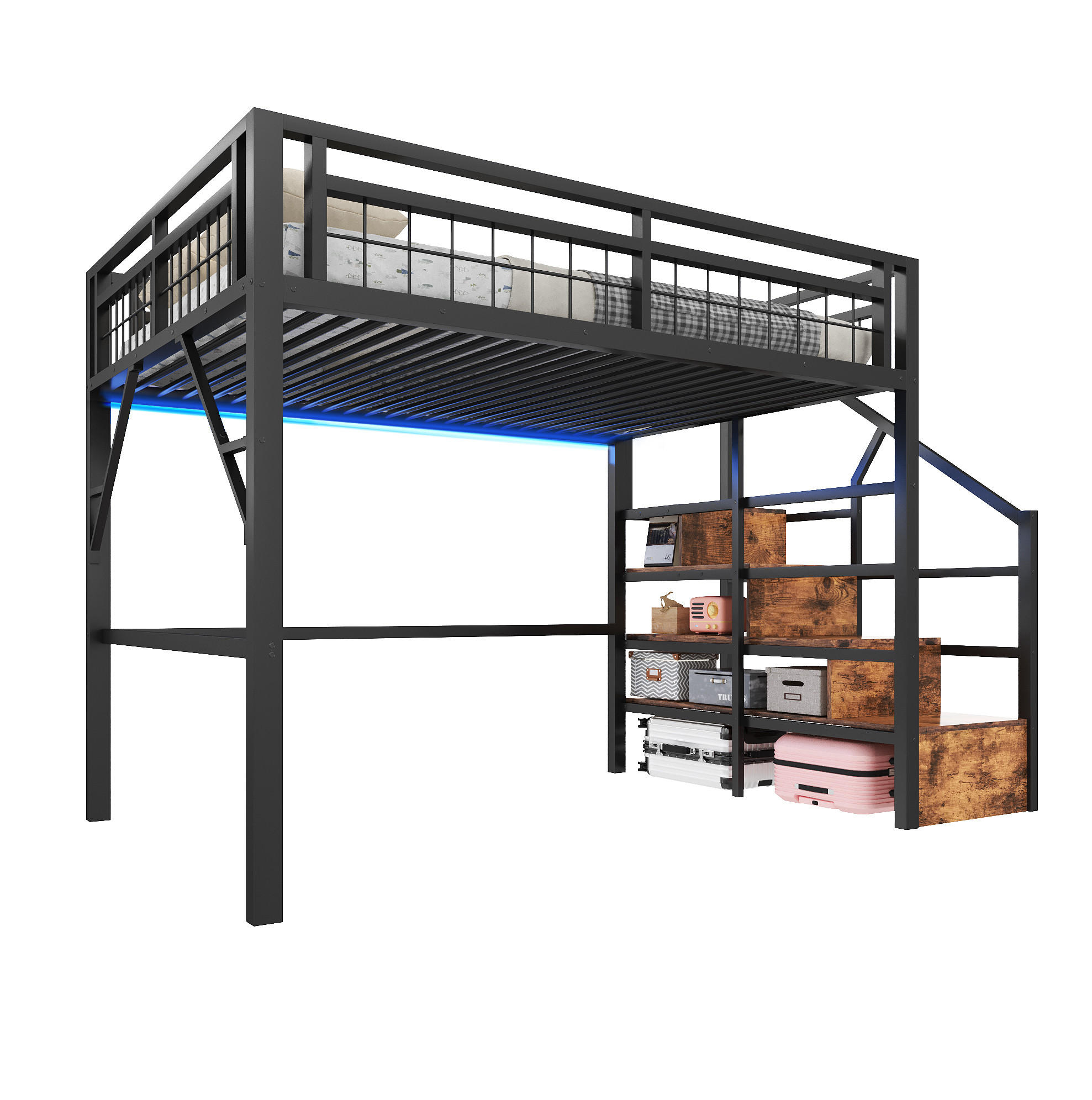 HOCHBETT 140/200 cm in Schwarz – mit LED-Lichtleiste und Treppe mit Stauraum - Schwarz, Metall (140/200cm) - BEAOK