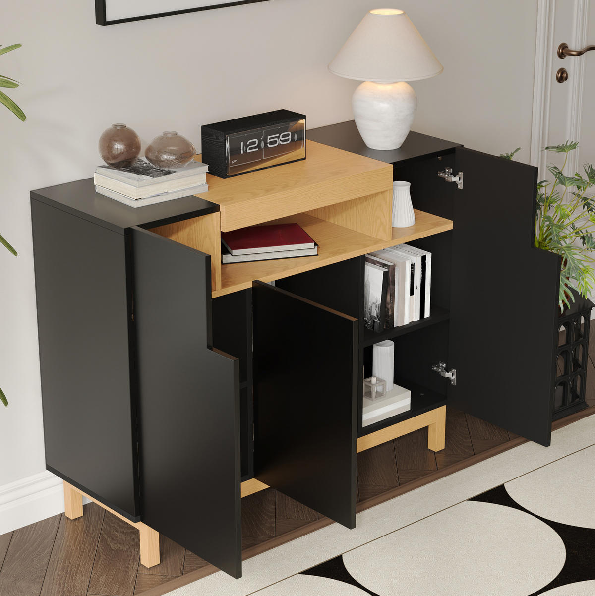 KOMMODE aus Spanplatte 120,5x42x96cm in Schwarz mit 3 Türen - Schwarz, Holzwerkstoff (120.5/96/42cm) - Modfu